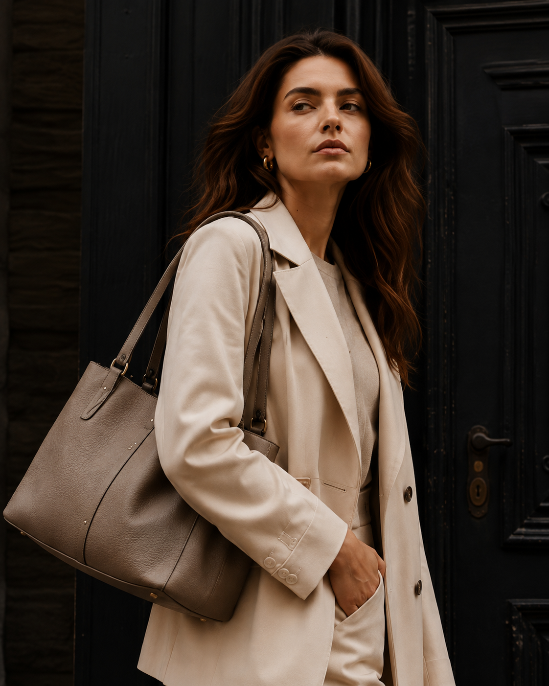 Damska stylizacja z torbą przy ciemnych drzwiach
