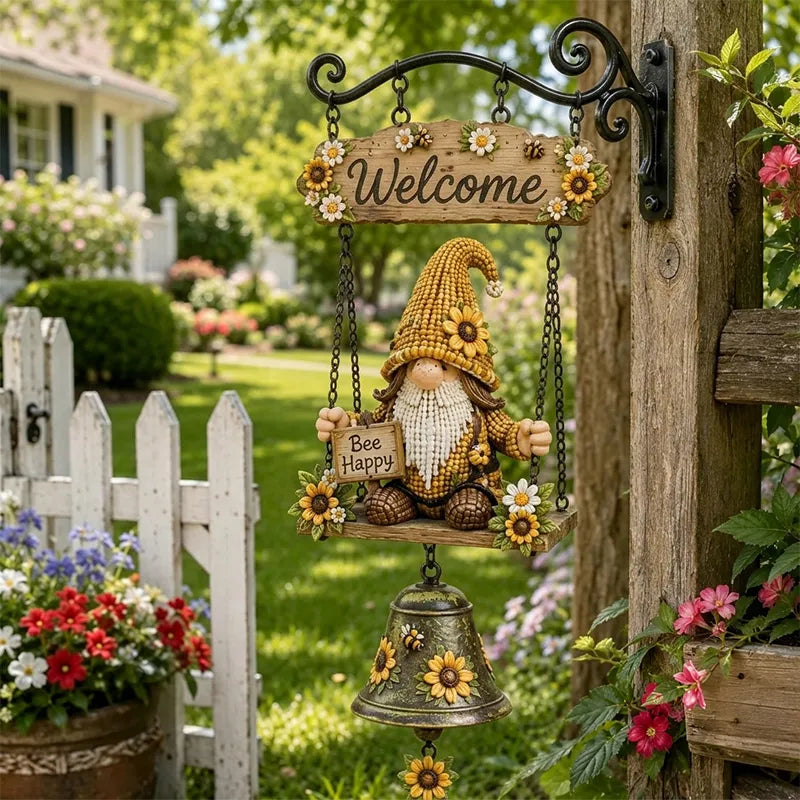 Dzwonek powitalny z krasnalem ogrodowym, tabliczka „Welcome”, retro dzwonek z brązu, żelazny uchwyt ścienny, dekoracja do ogrodu, na taras i podwórko.