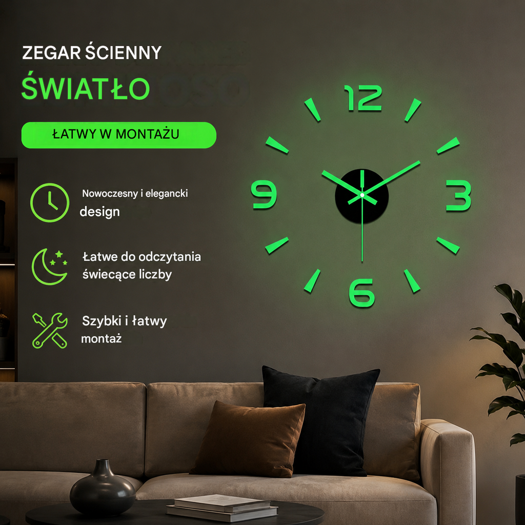 🕑✨3D świecący akrylowy zegar ścienny – nie wymaga wiercenia (wymagany montaż)