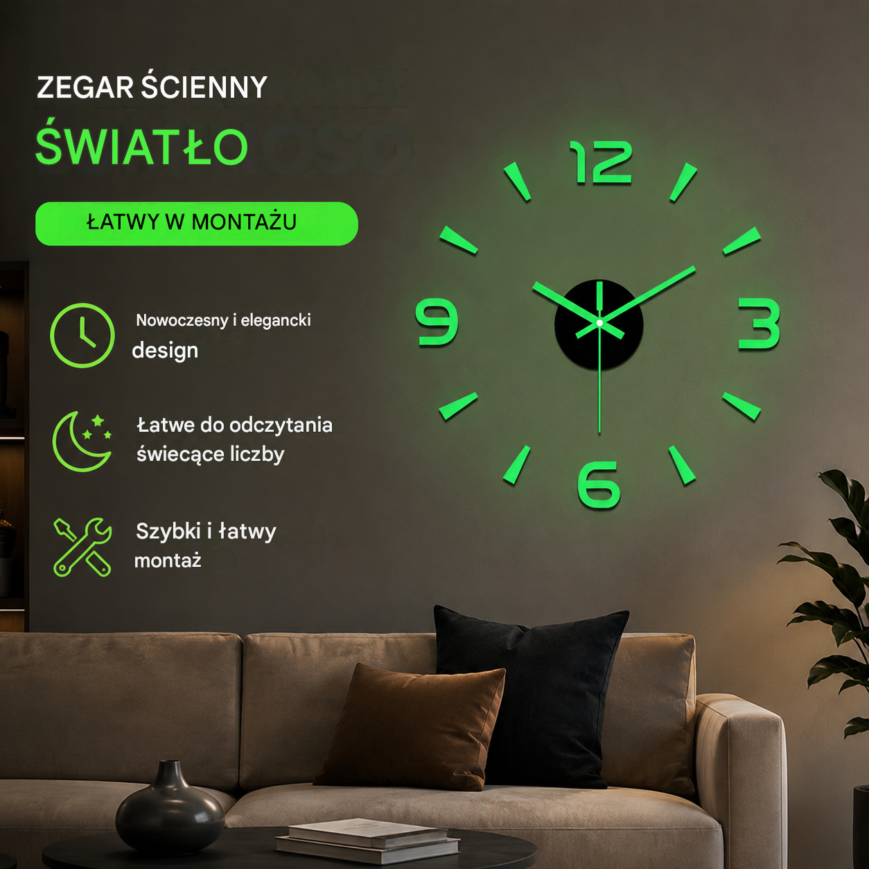 🕑✨3D świecący akrylowy zegar ścienny – nie wymaga wiercenia (wymagany montaż)
