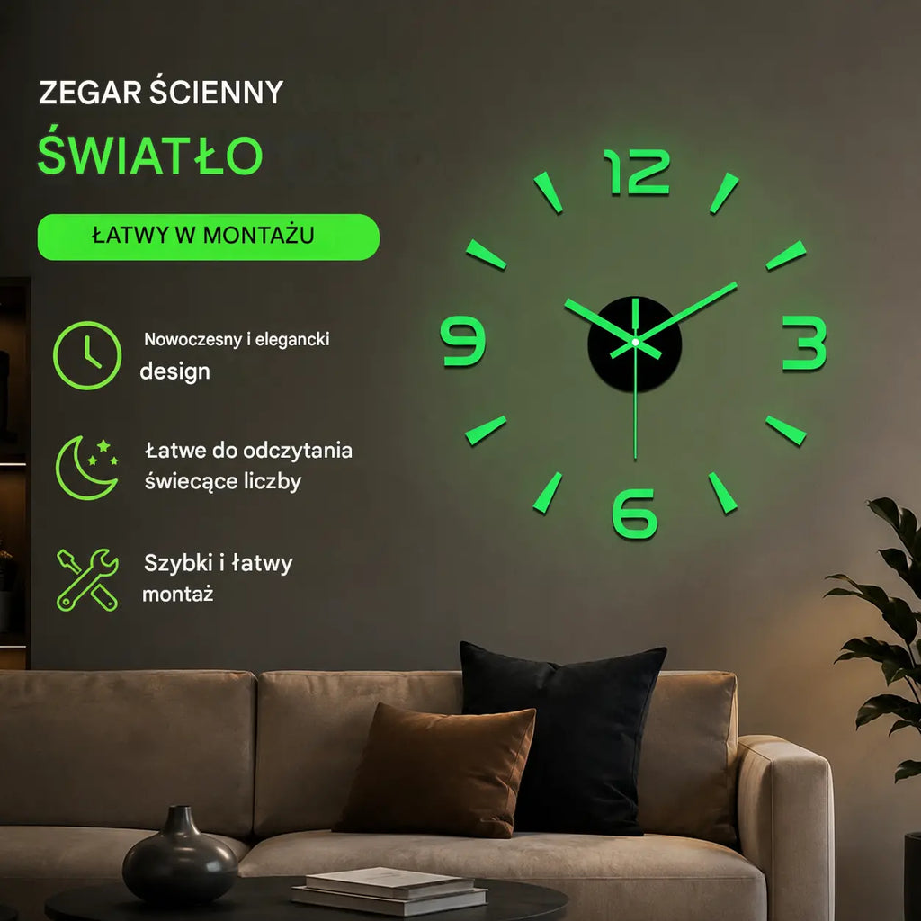 3D świecący akrylowy zegar ścienny – nie wymaga wiercenia (wymagany montaż)