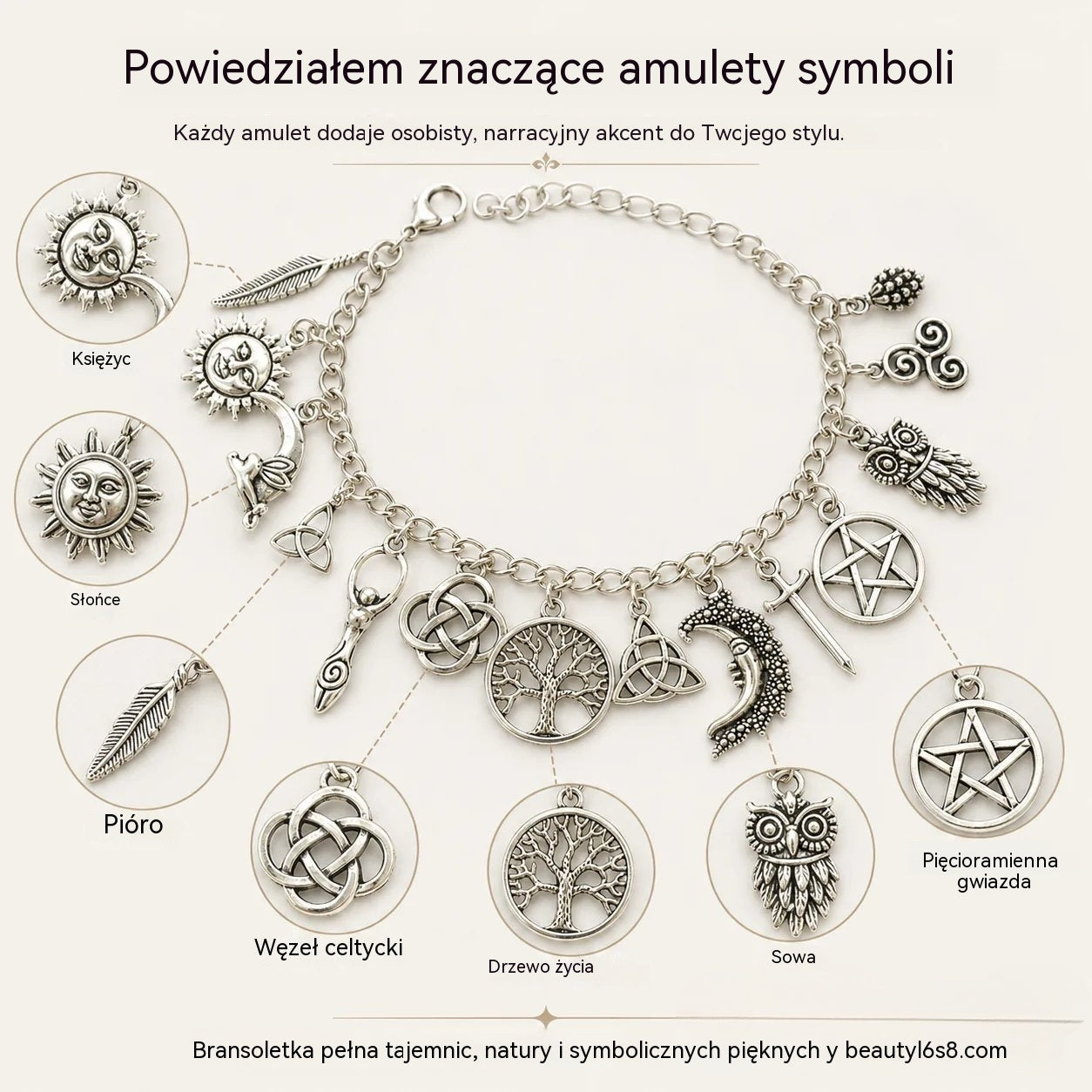Kup 1, drugą otrzymasz GRATIS!  Regulowana bransoletka vintage z mistycznymi zawieszkami dla kobiet