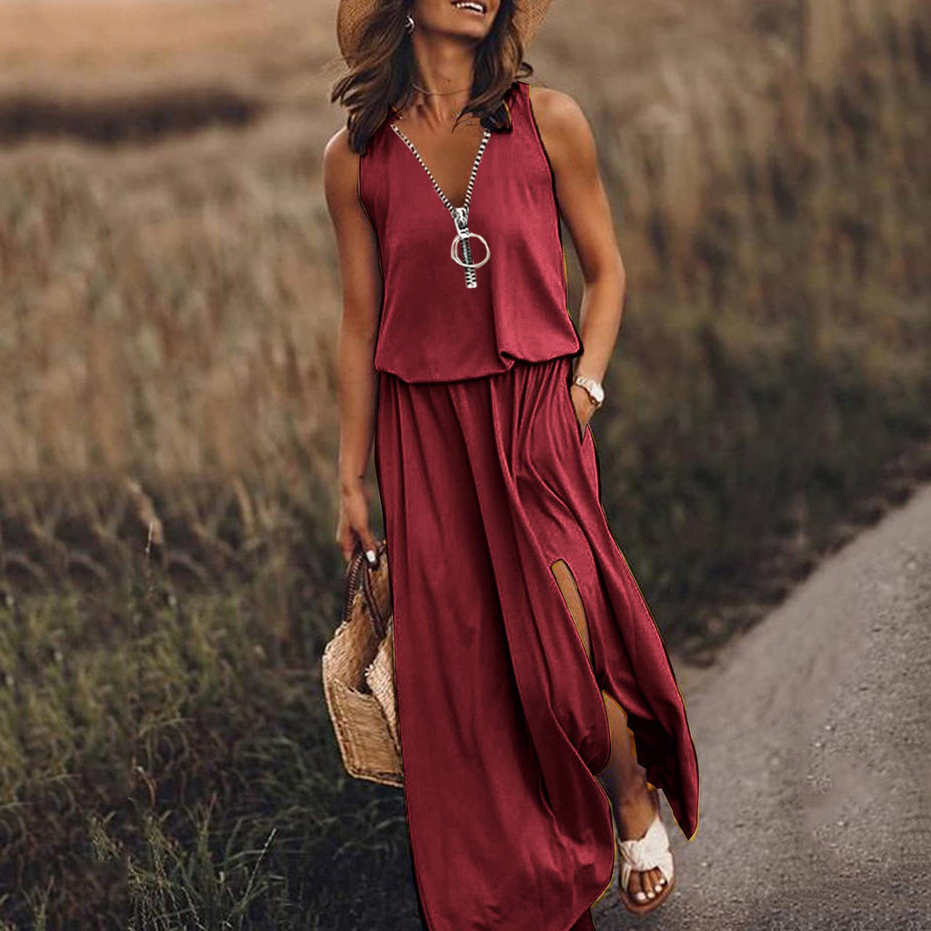 🎁💃【50% zniżki 💥】【S–5XL】Nowa długa sukienka casual bez rękawów, z nadrukiem, dopasowanym krojem i zamkiem błyskawicznym, dla puszystych kobiet