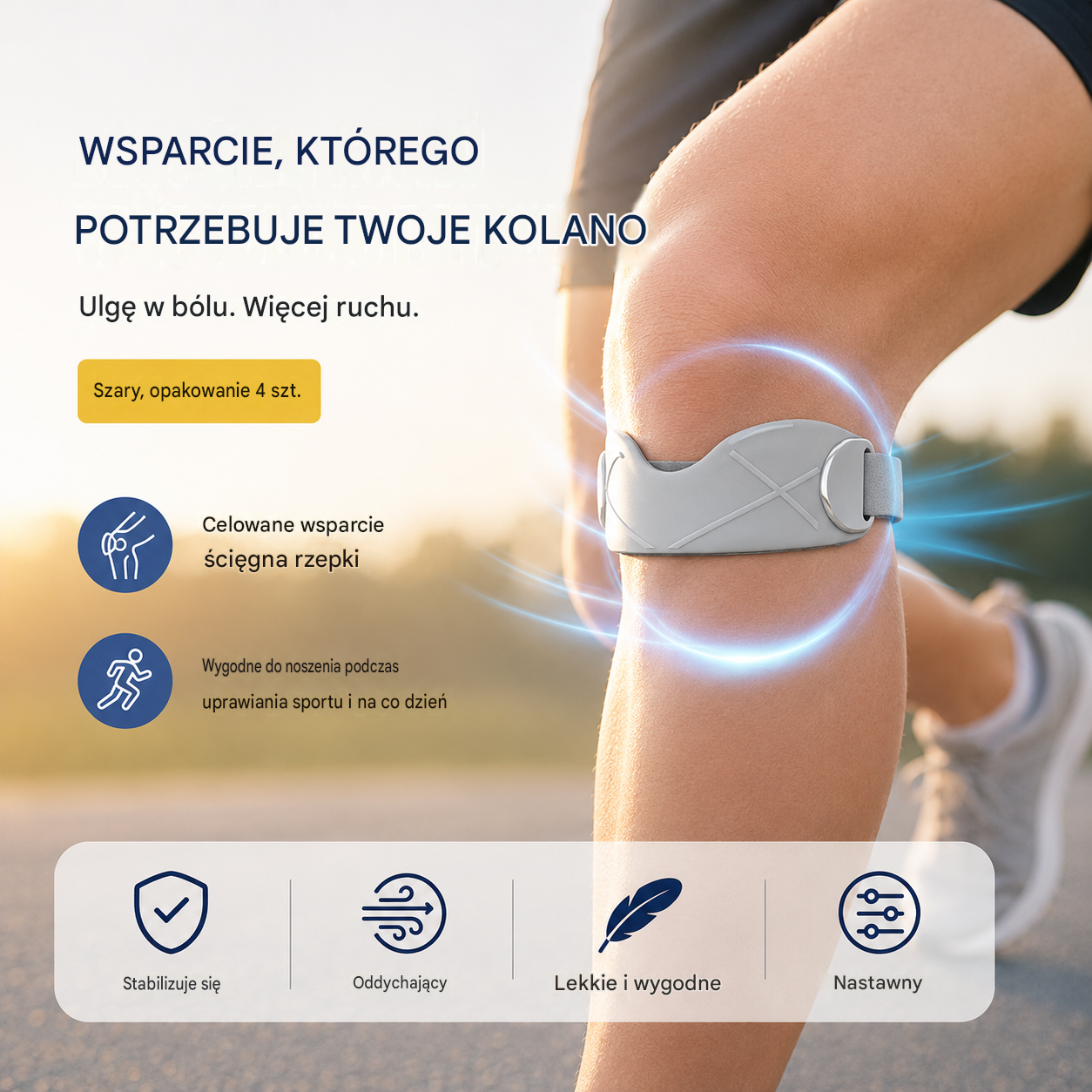 4 sztuka 99 zł🏃‍♀️ Sportowa orteza na kolano👉 Kolano potrzebuje czasu. Ta taśma Ci go zapewni.