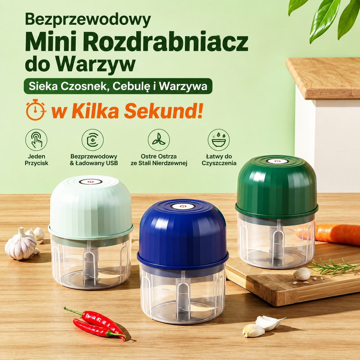 🔥2 sztuki za 119 zł!⏱️🥕 Posiekaj Warzywa w Kilka Sekund – Bezprzewodowy Mini Siekacz!