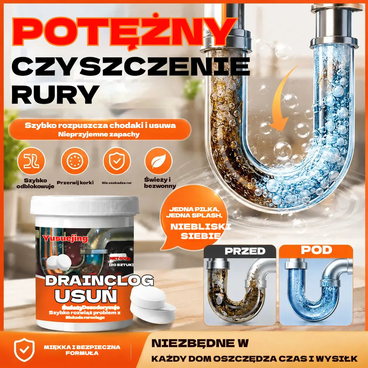 50% ZNIŻKI - Skuteczne musujące tabletki czyszczące, które szybko rozpuszczają zatory spowodowane przetłuszczającymi się włosami i udrażniają odpływy; dodatkowo działają odświeżająco i antybakteryjnie.