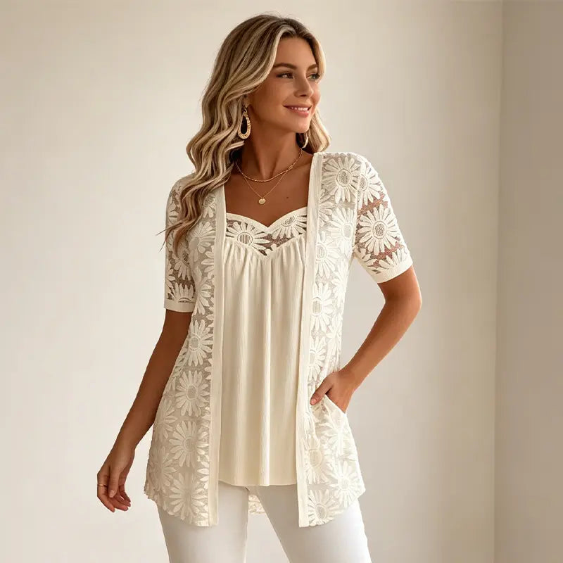 👚Elegancka bluzka 2 w 1 z koronką i siateczką – wysmuklający krój maskujący brzuch, 5 kolorów, rozmiary S–4XL