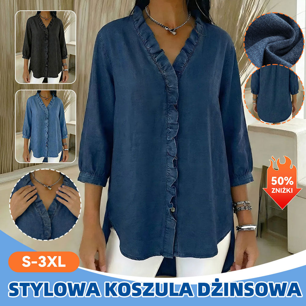 🔥Hit Sprzedaży 【Rabat 50%】 ✅️【40-100kg】Nieformalne koszule damskie jeansowe z kołnierzykiem w kształcie litery V i falbanami