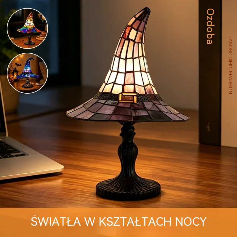 【Nowość na Halloween】Gotycka lampka nocna w kształcie kapelusza czarownicy, kreatywna lampka nocna z żywicy z efektem retro witrażu!
