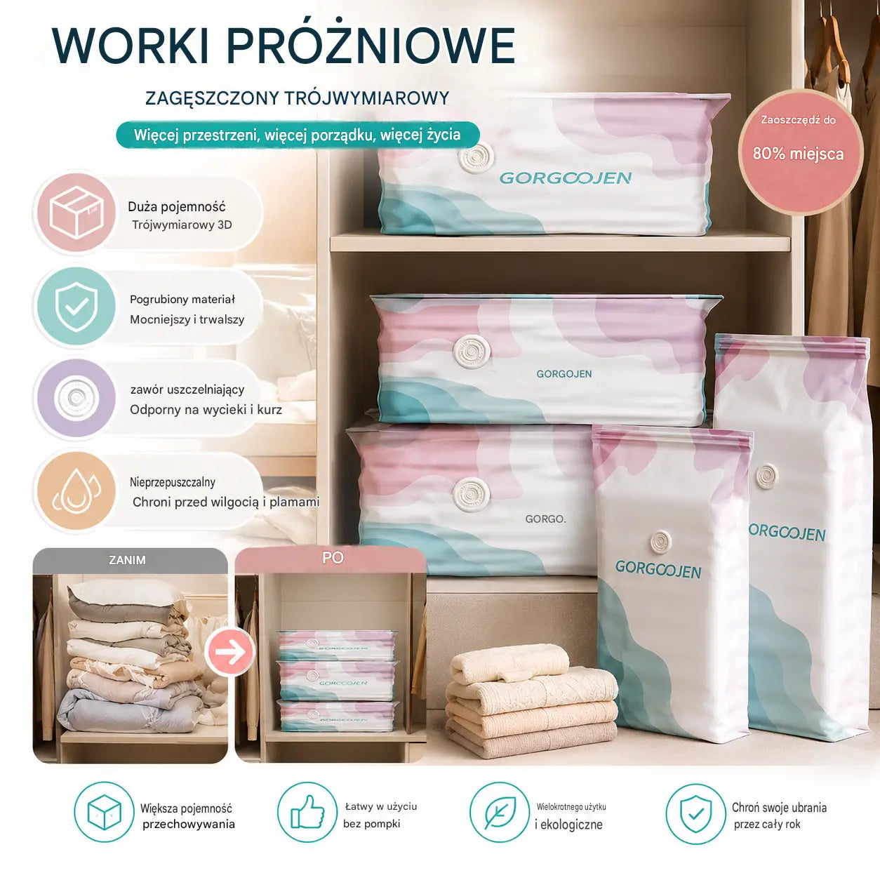 Kompresowalny worek próżniowy do przechowywania: nie wymaga pompki, szczelny i idealny do oszczędzania miejsca w walizkach i w domu