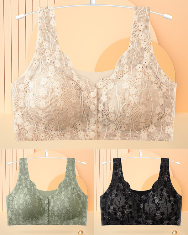 【3sztuk】Damski, bezprzewodowy, koronkowy biustonosz zapinany z przodu【40-100KG】