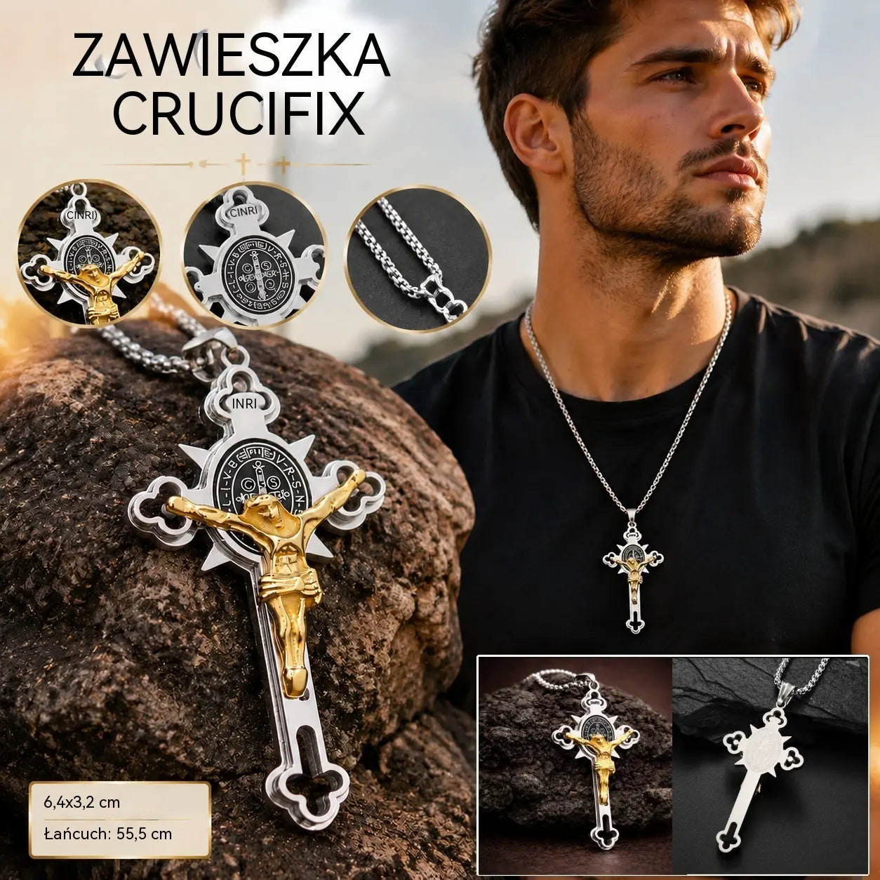 ✨Wisiorek w stylu vintage z krzyżem – odporny na matowienie wisiorek św. Benedykta z regulowanym łańcuszkiem