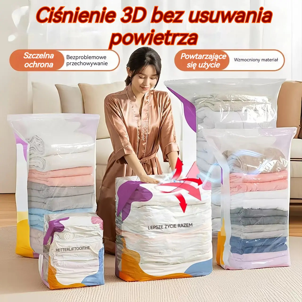 【Zestaw 5 elementów】Duży, kompresowalny worek próżniowy: nie wymaga pompki, szczelny i idealny do oszczędzania miejsca w walizkach i w domu