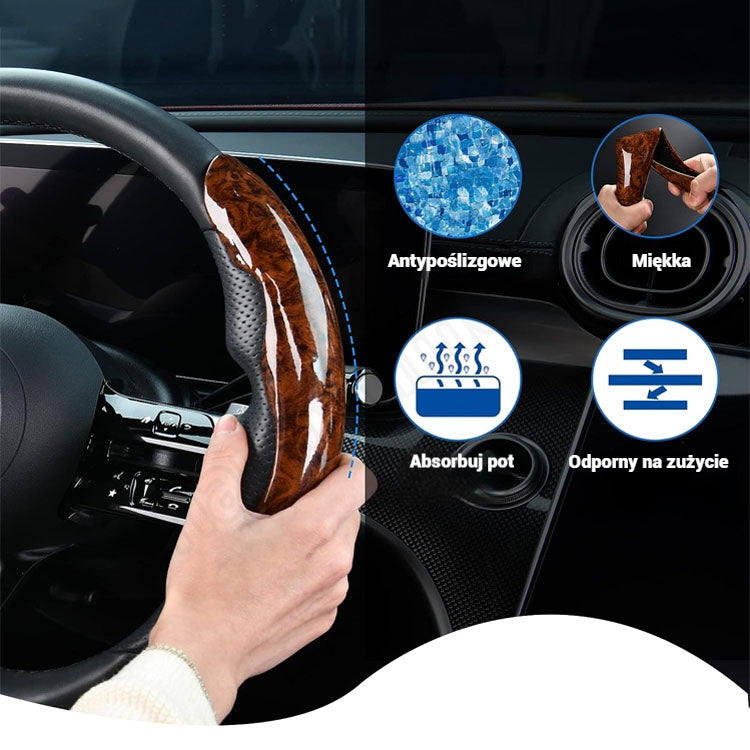 🔥🚗【1 zestaw 3 sztuk】Pokrowiec na kierownicę samochodową z antypoślizgowym wzorem drewna