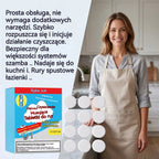 Mocne musujące tabletki do udrażniania rur, szybko rozpuszczają tłuszcz i włosy, działają antybakteryjnie i odświeżająco, nadają się do zlewów, toalet i odpływów podłogowych.