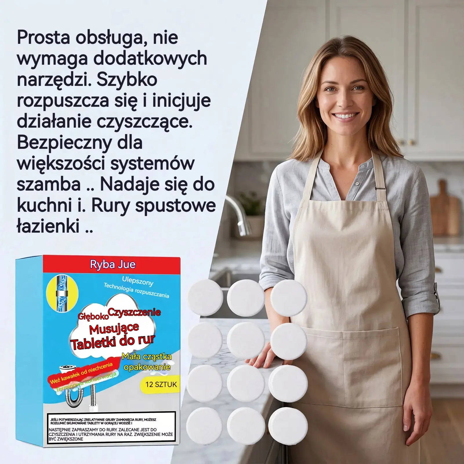 Mocne musujące tabletki do udrażniania rur, szybko rozpuszczają tłuszcz i włosy, działają antybakteryjnie i odświeżająco, nadają się do zlewów, toalet i odpływów podłogowych.