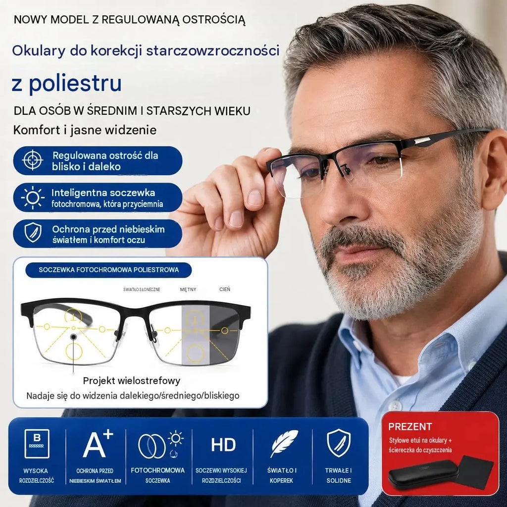 Nowe okulary do czytania półoprawkowe dla osób w średnim i starszym wieku, z funkcją zoom, multifocal, światłoczułe, fotochromowe i blokujące niebieskie światło
