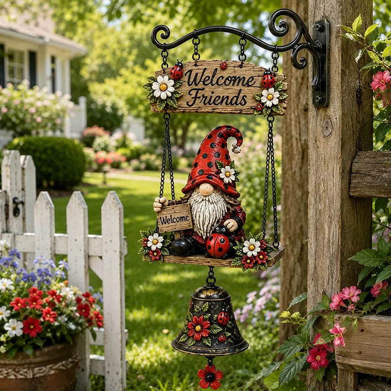 Dzwonek powitalny z krasnalem ogrodowym, tabliczka „Welcome”, retro dzwonek z brązu, żelazny uchwyt ścienny, dekoracja do ogrodu, na taras i podwórko.