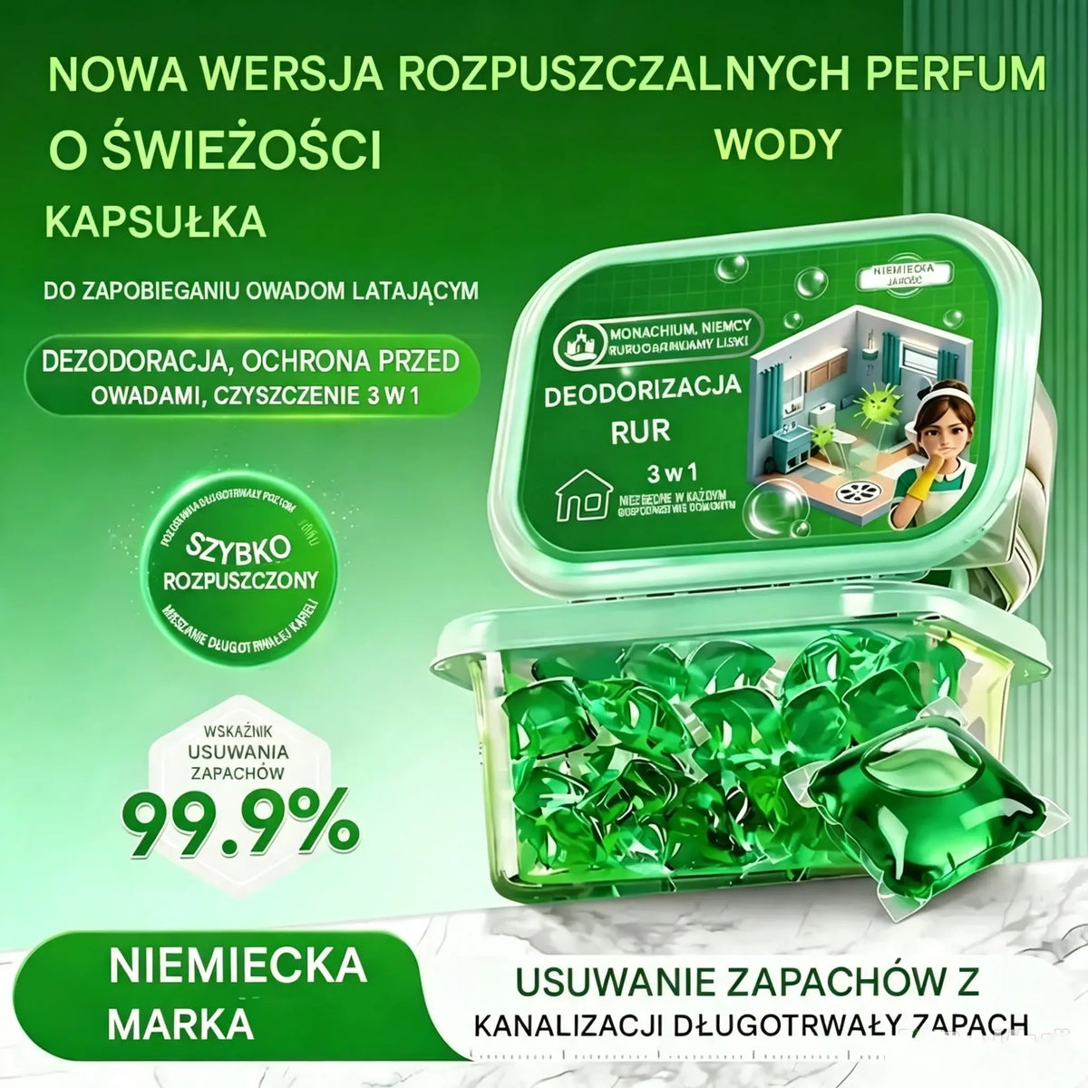 2 opakowania (100 tabletek)🎉. Bio‑enzymatyczne kapsułki do usuwania nieprzyjemnych zapachów z odpływów.