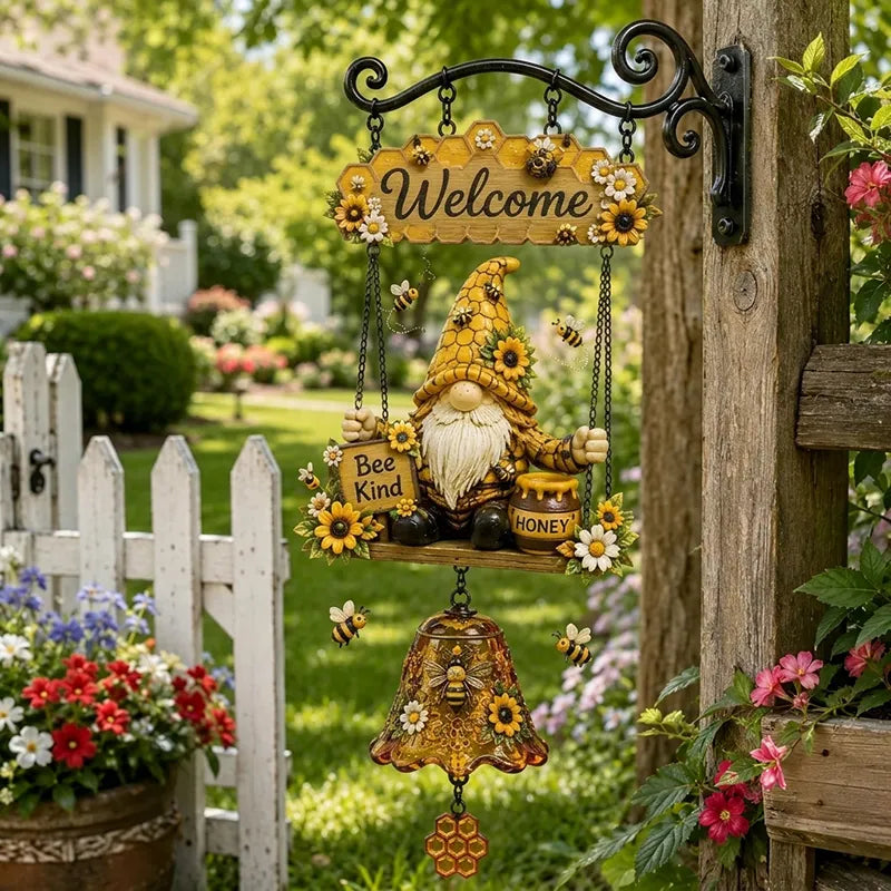 Dzwonek powitalny z krasnalem ogrodowym, tabliczka „Welcome”, retro dzwonek z brązu, żelazny uchwyt ścienny, dekoracja do ogrodu, na taras i podwórko.