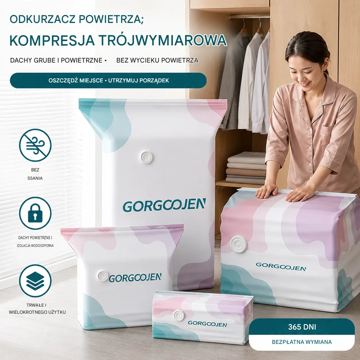 Kompresowalny worek próżniowy do przechowywania: nie wymaga pompki, szczelny i idealny do oszczędzania miejsca w walizkach i w domu