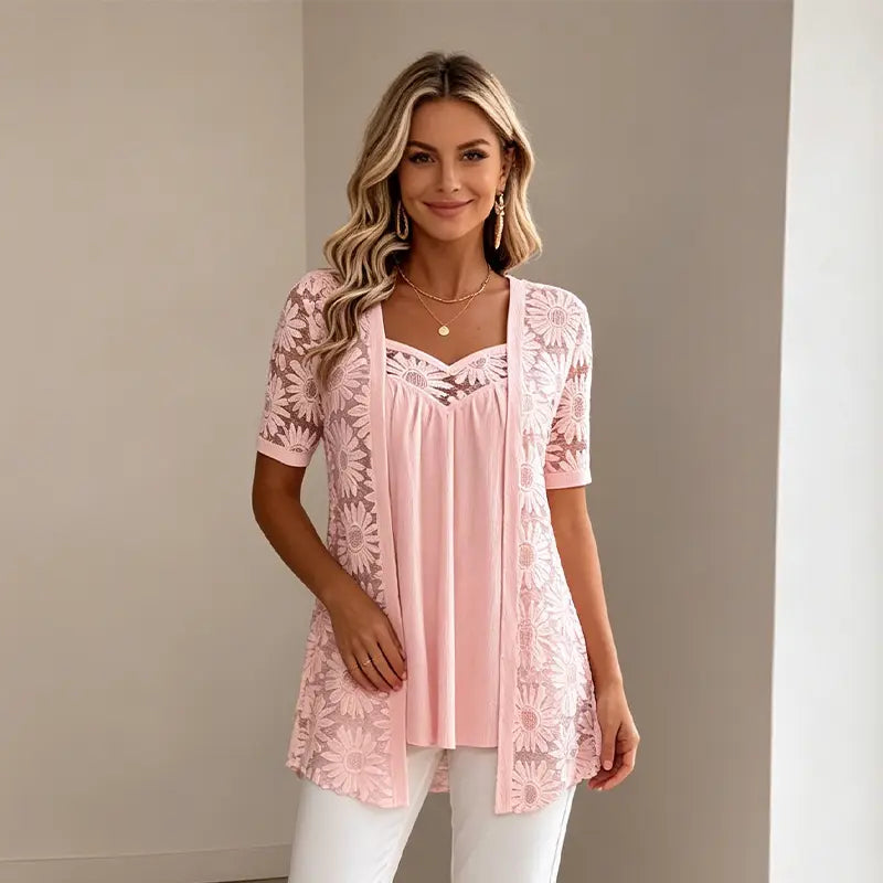 👚Elegancka bluzka 2 w 1 z koronką i siateczką – wysmuklający krój maskujący brzuch, 5 kolorów, rozmiary S–4XL