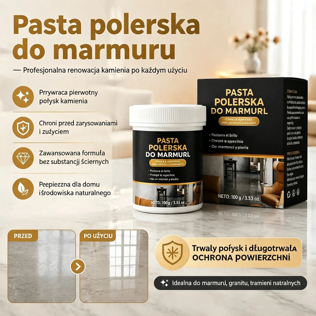 Dwie butelki za jedyne 109 zł! ✨ Pasta do polerowania marmuru – usuń zarysowania, przywróć połysk i zabezpiecz powierzchnię w zaledwie 2 minuty