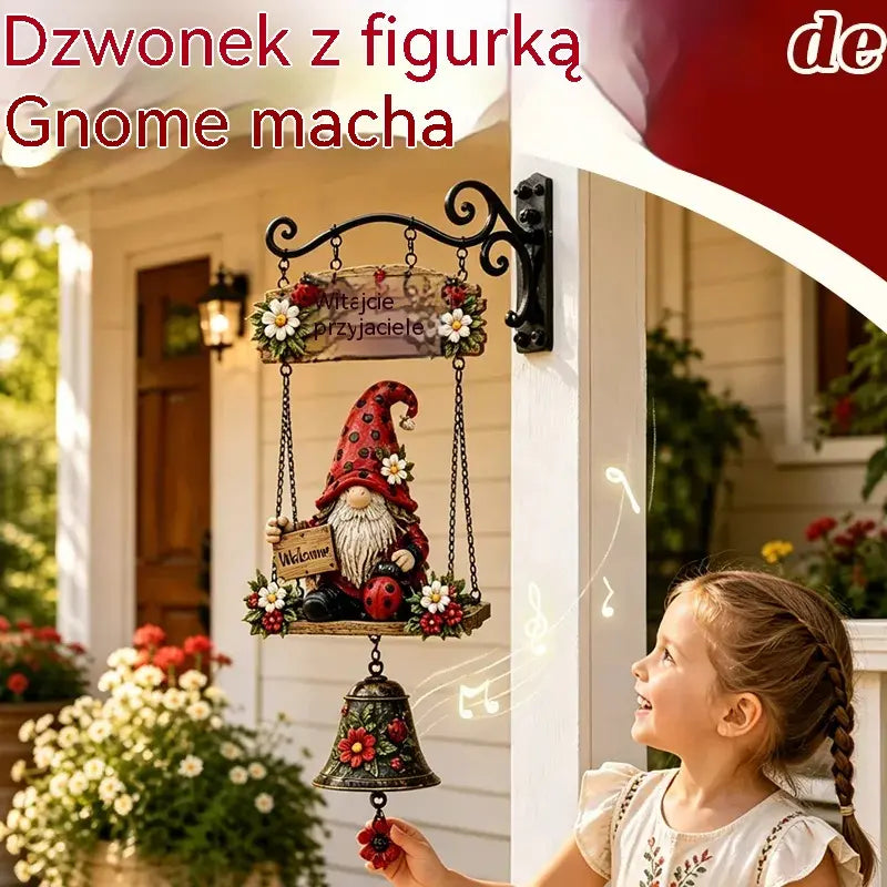 Dzwonek powitalny z krasnalem ogrodowym, tabliczka „Welcome”, retro dzwonek z brązu, żelazny uchwyt ścienny, dekoracja do ogrodu, na taras i podwórko.