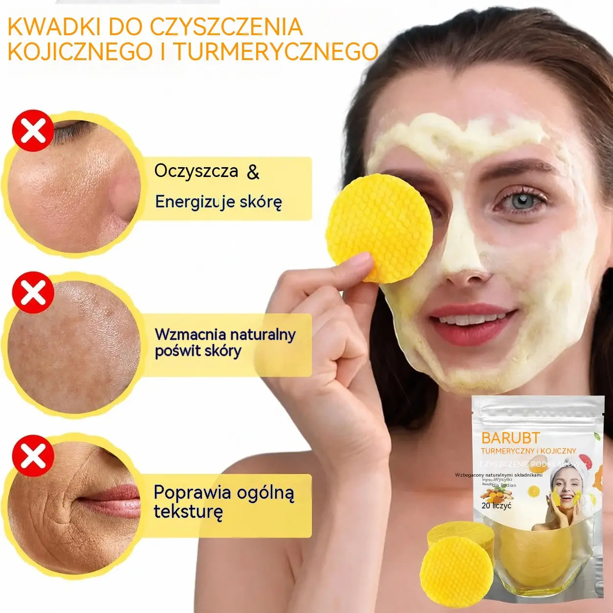 【99 zł】 3 opakowania – łącznie 60 sztuk – krążki oczyszczające z kurkumą i kwasem kojowym