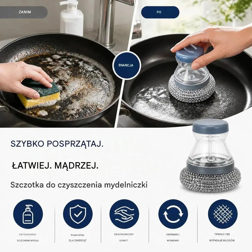 🧽 Szczotka do szorowania z dozownikiem, OFERTA LIMITOWANA! 💪 Idealna do garnków, patelni i naczyń. Szybkie i łatwe czyszczenie bez wysiłku!