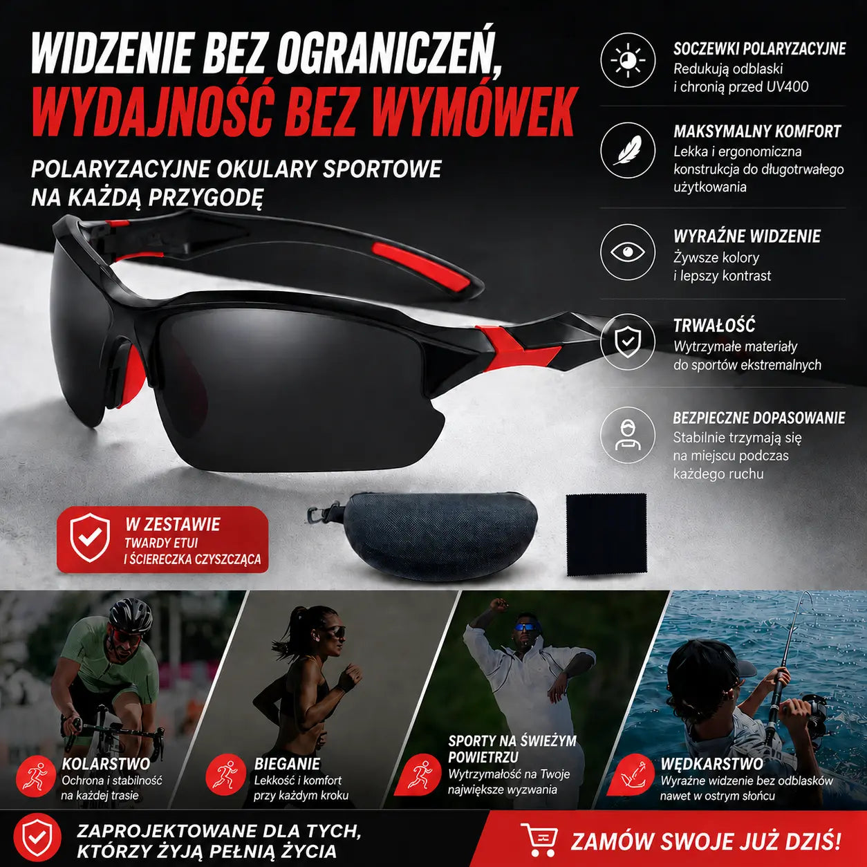 【Kup jeden, a drugi dostaniesz gratis】Sportowe okulary przeciwsłoneczne z polaryzacją i aerodynamiczną konstrukcją Surround