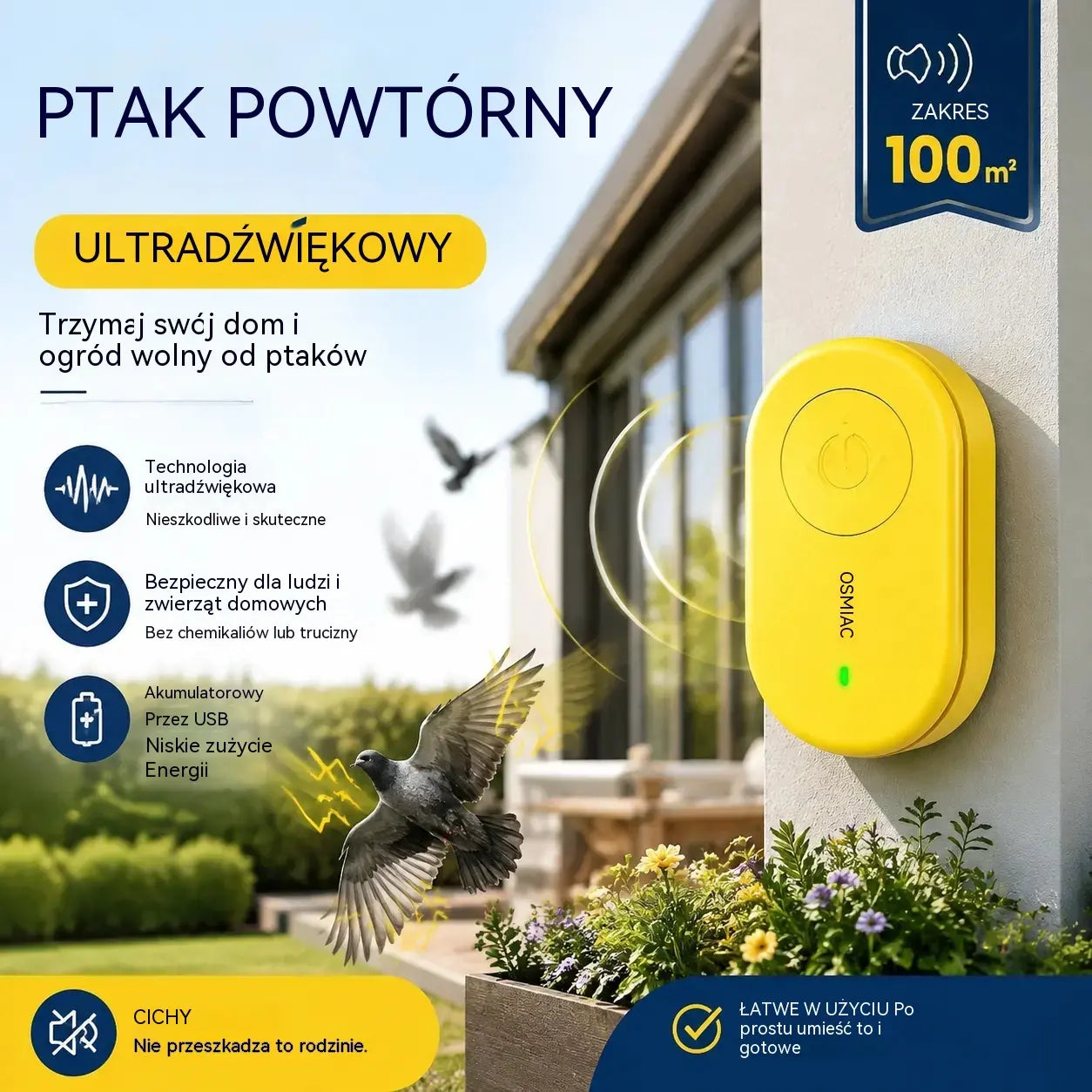🐦 Przenośny ultradźwiękowy odstraszacz ptaków | Automatyczny odstraszacz gołębi, idealny na balkony, do ogrodów i na zewnątrz