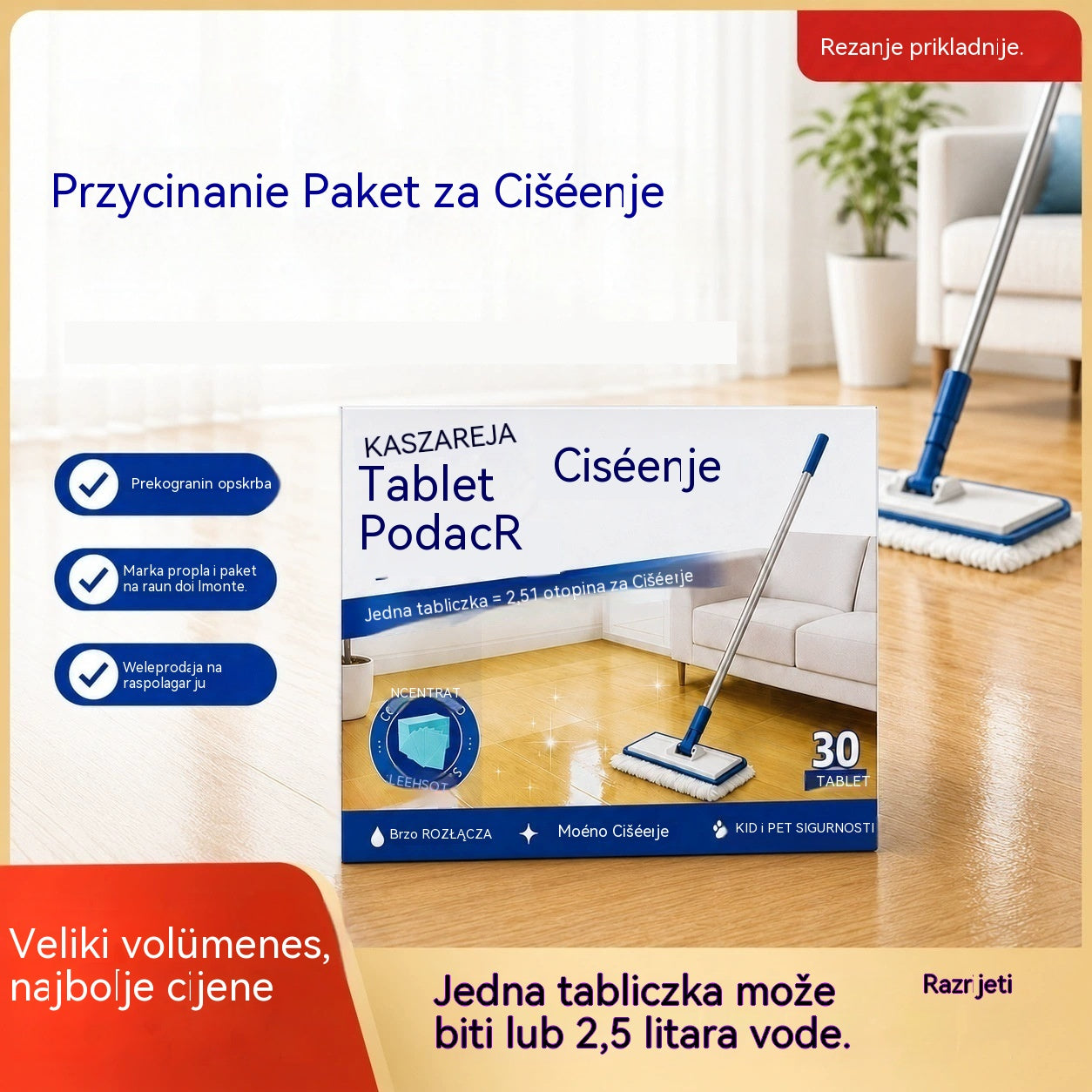 💦🏡【3 opakowania, łącznie 90 sztuk】Rozpuszczalne w wodzie ściereczki do mycia podłóg