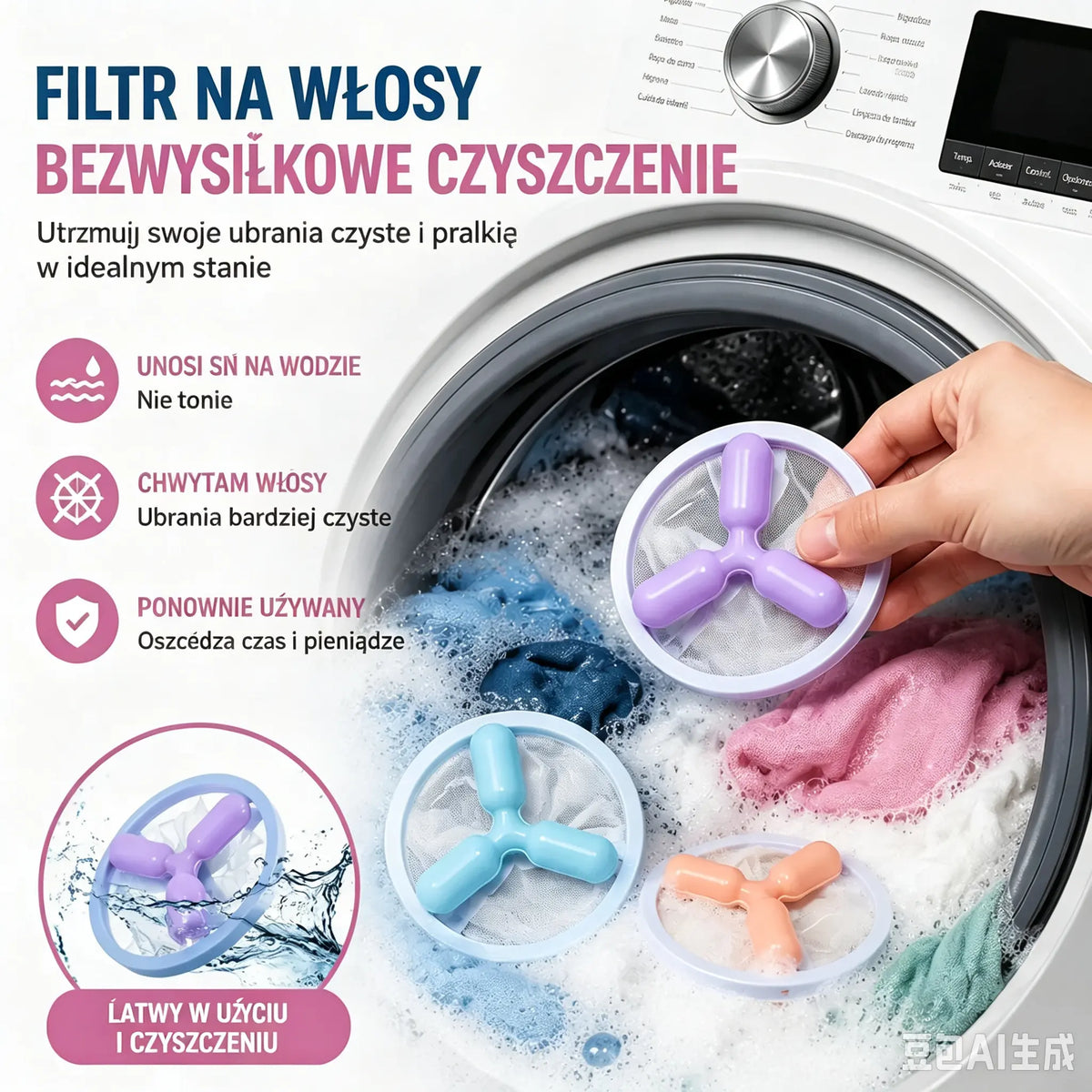 6 sztuk✨ Pływający filtr do pralki – zatrzymuje kłaczki, włosy i sierść zwierząt podczas każdego prania