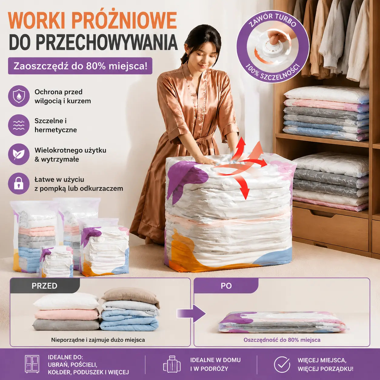 【Zestaw 5 elementów】Duży, kompresowalny worek próżniowy: nie wymaga pompki, szczelny i idealny do oszczędzania miejsca w walizkach i w domu
