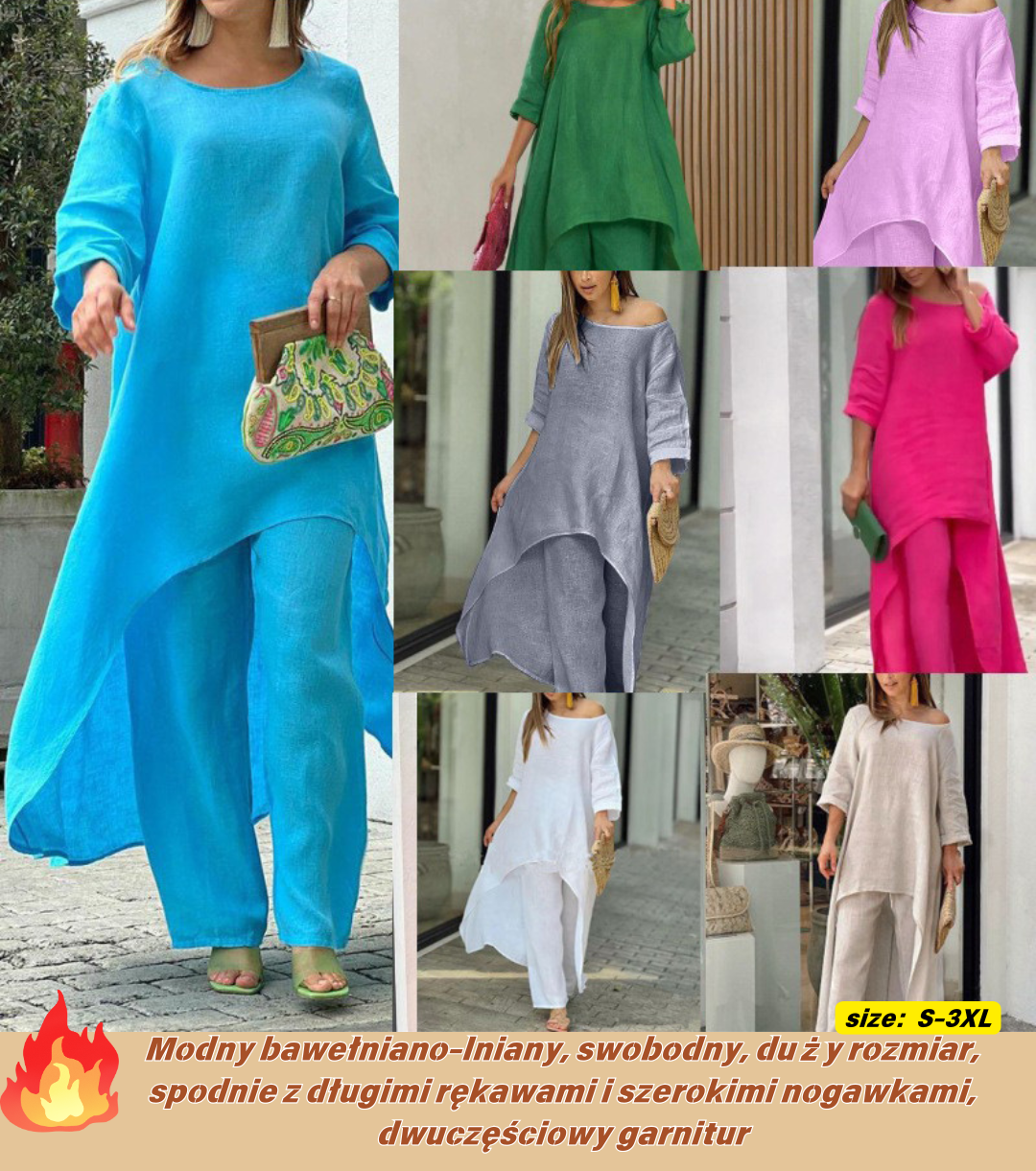 45% OFF【S-3XL】2026 nowy modny bawełniany i lniany swobodny duży rozmiar, długie rękawy, szerokie spodnie, dwuczęściowy garnitur