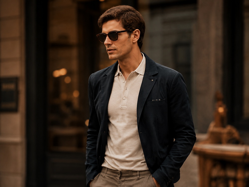 Męska stylizacja casual w miejskiej kawiarni